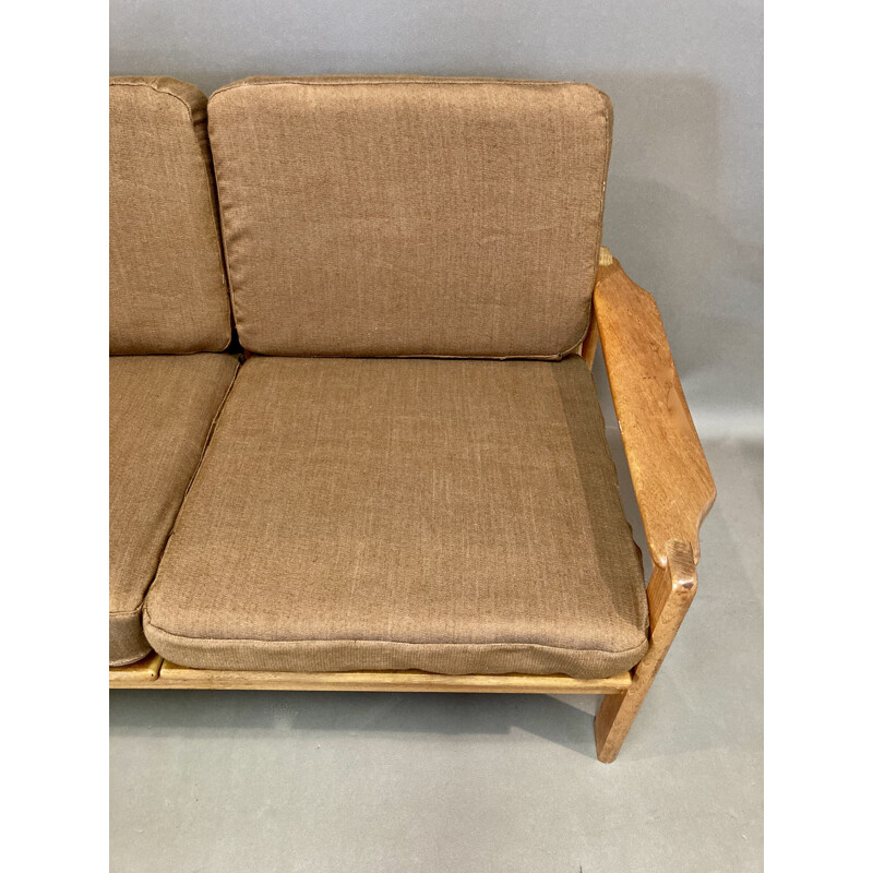 Vintage teak and linen 3-seater sofa, 1950