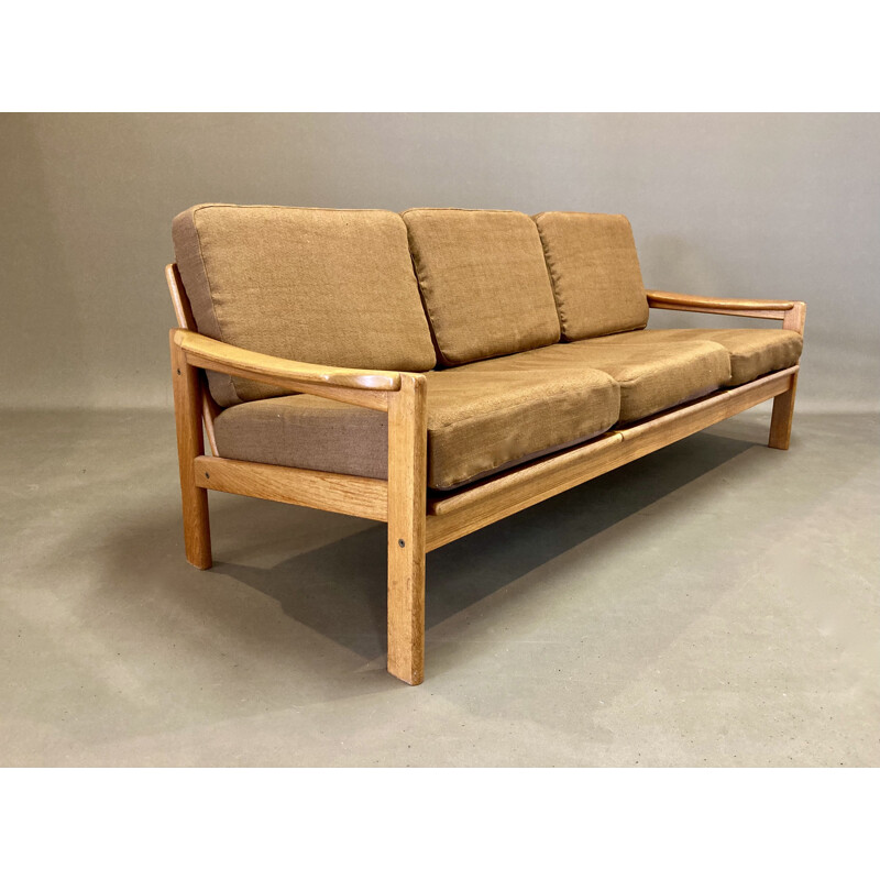 Vintage teak and linen 3-seater sofa, 1950