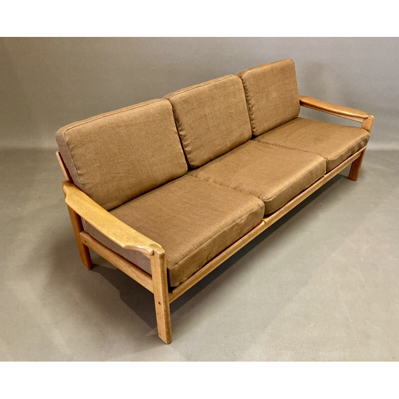 Vintage teak and linen 3-seater sofa, 1950