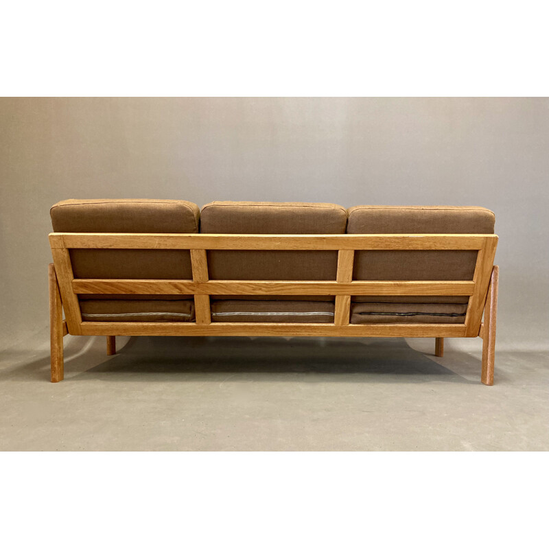 Vintage teak and linen 3-seater sofa, 1950