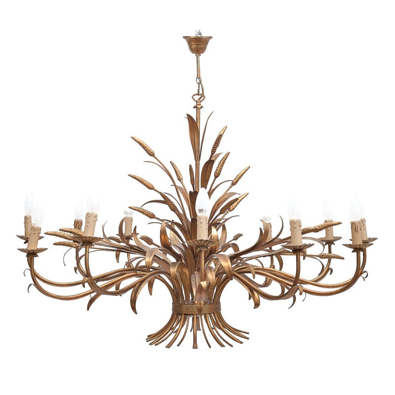 Vintage 12-light sheaf of wheat chandelier in gilded metal, Italy 1960