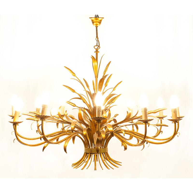 Vintage 12-light sheaf of wheat chandelier in gilded metal, Italy 1960
