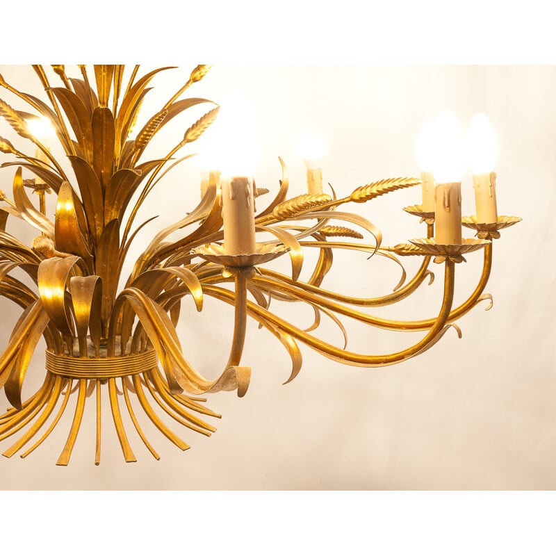 Vintage 12-light sheaf of wheat chandelier in gilded metal, Italy 1960