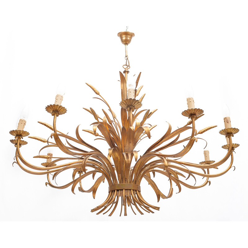 Vintage 12-light sheaf of wheat chandelier in gilded metal, Italy 1960