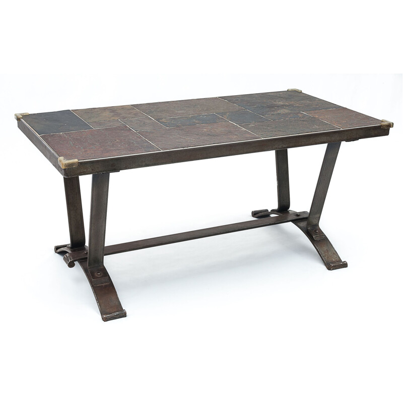 Vintage Brutalist coffee table in wrought iron and slate, 1950