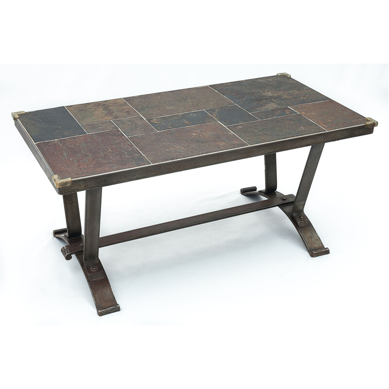 Vintage Brutalist coffee table in wrought iron and slate, 1950