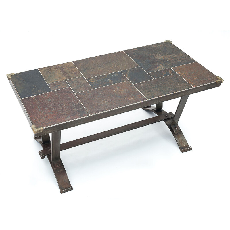 Vintage Brutalist coffee table in wrought iron and slate, 1950