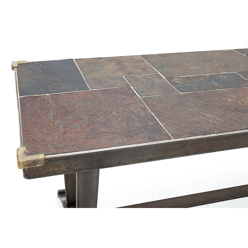 Vintage Brutalist coffee table in wrought iron and slate, 1950