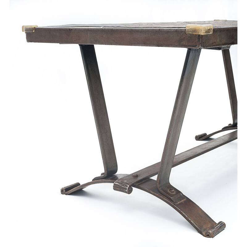 Vintage Brutalist coffee table in wrought iron and slate, 1950