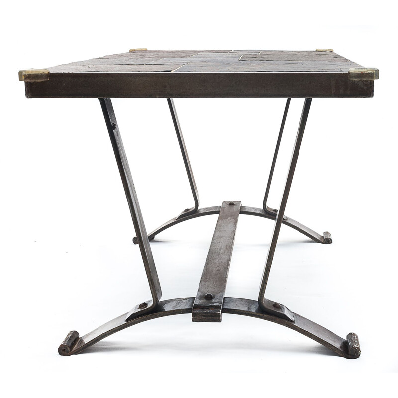 Vintage Brutalist coffee table in wrought iron and slate, 1950