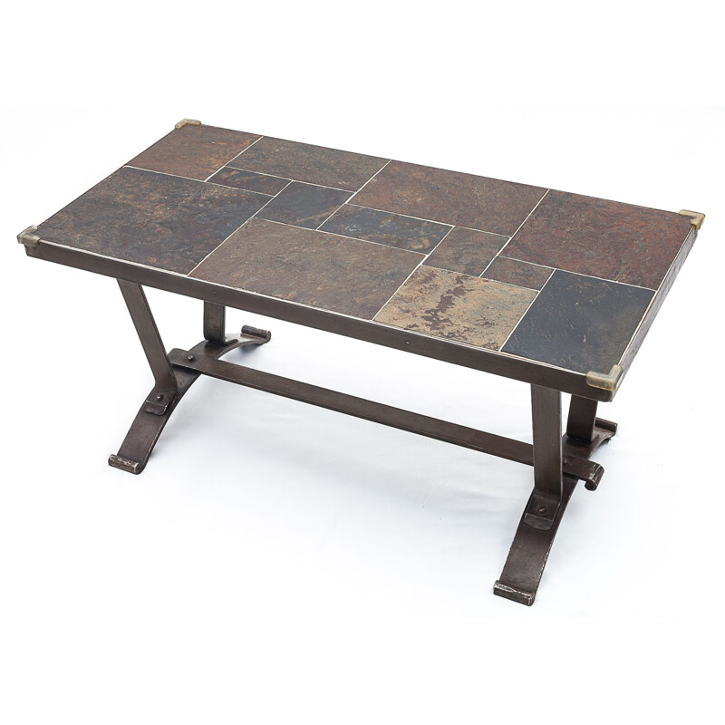 Vintage Brutalist coffee table in wrought iron and slate, 1950