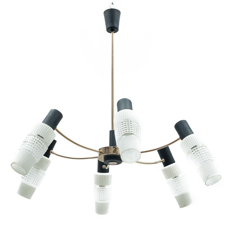 Vintage 6-light brass chandelier by Maison Arlus, 1960