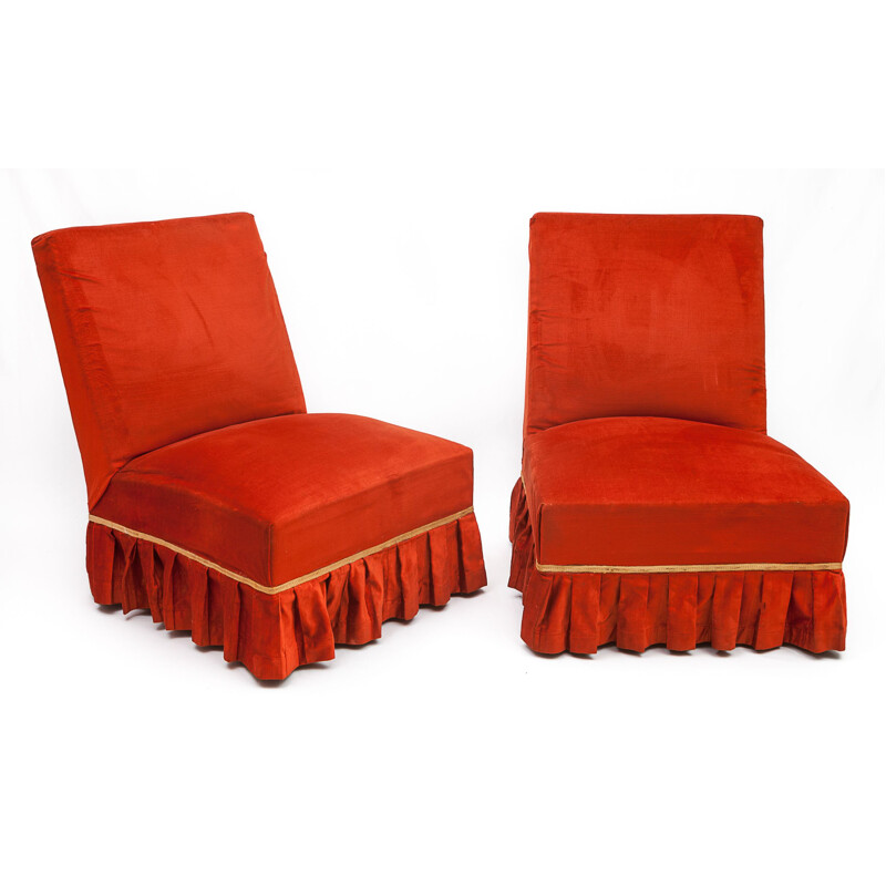 Paar vintage chilirode fluwelen fauteuils, 1950