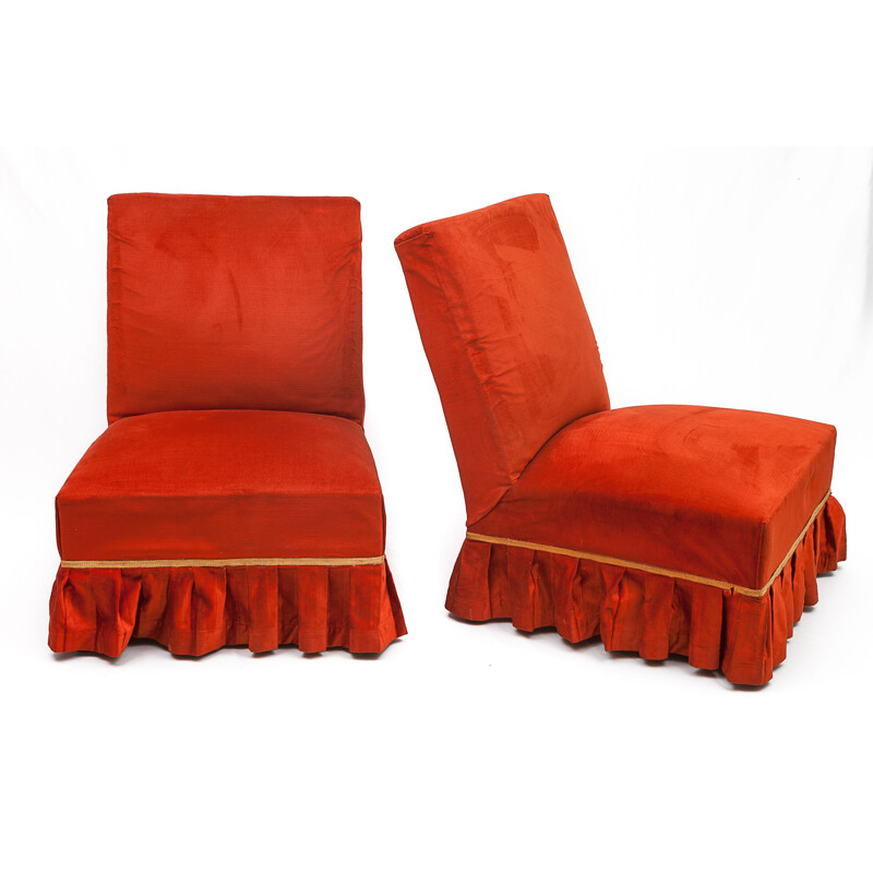 Pair of vintage chilli red velvet armchairs, 1950