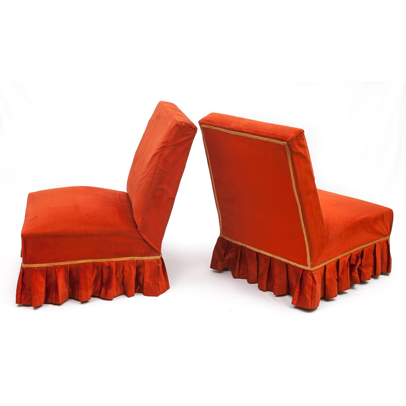 Pair of vintage chilli red velvet armchairs, 1950