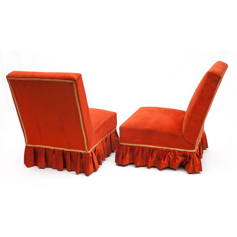 Pair of vintage chilli red velvet armchairs, 1950