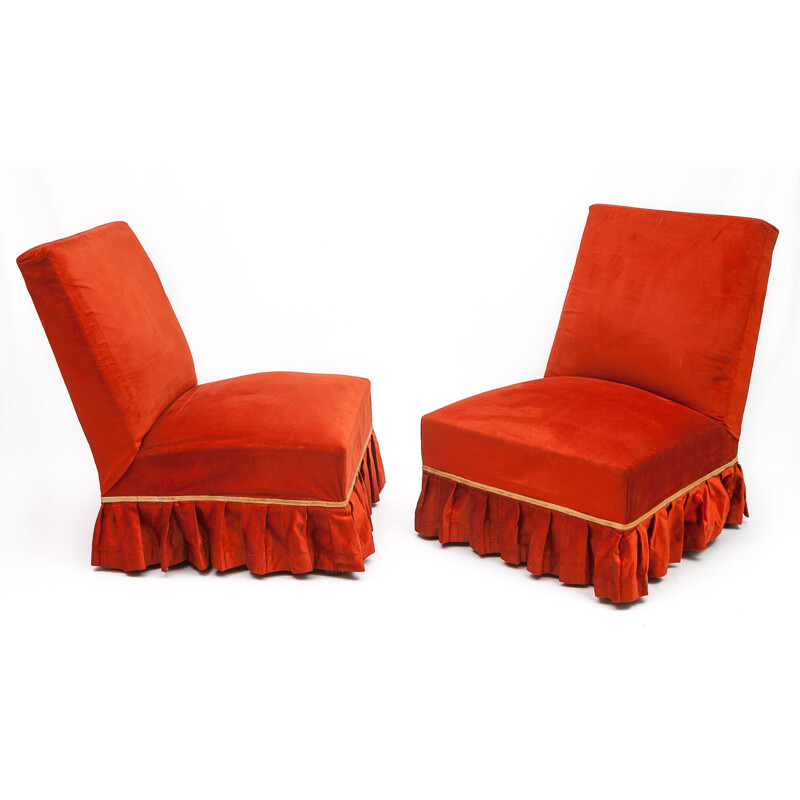 Paar vintage chilirode fluwelen fauteuils, 1950