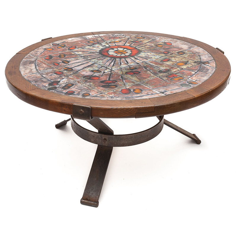 Round vintage Raynaud coffee table in polychrome ceramic and solid wood, 1960