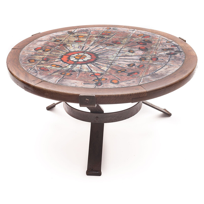 Round vintage Raynaud coffee table in polychrome ceramic and solid wood, 1960