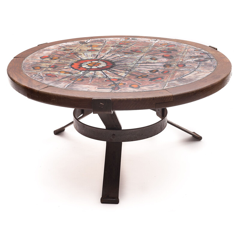 Round vintage Raynaud coffee table in polychrome ceramic and solid wood, 1960