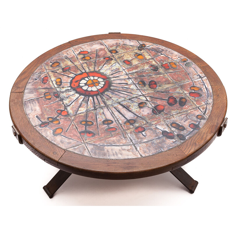 Round vintage Raynaud coffee table in polychrome ceramic and solid wood, 1960