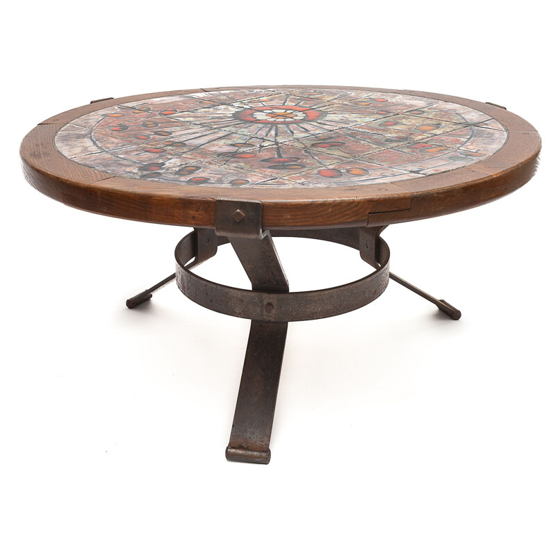 Round vintage Raynaud coffee table in polychrome ceramic and solid wood, 1960