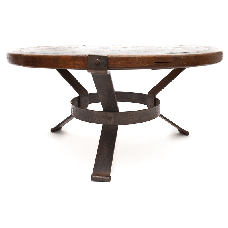 Round vintage Raynaud coffee table in polychrome ceramic and solid wood, 1960