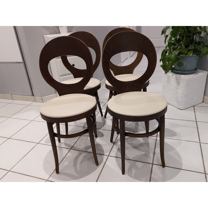 Set of 4 vintage Seagull chairs in beech and leatherette, 1970