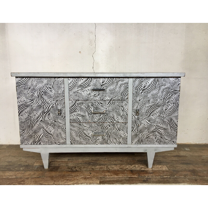 Vintage zebra print sideboard with compass legs, 1960