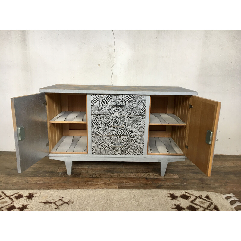 Vintage zebra print sideboard with compass legs, 1960