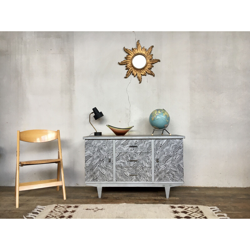 Vintage zebra print sideboard with compass legs, 1960