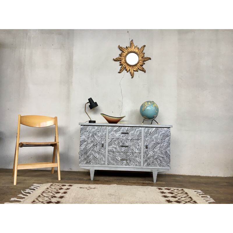 Vintage zebra print sideboard with compass legs, 1960