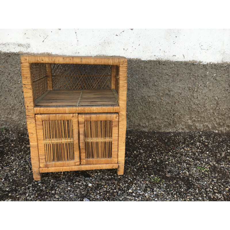 Vintage wicker and bamboo night stand, 1950