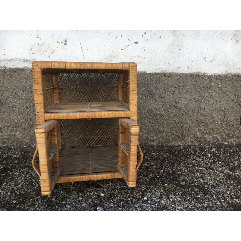 Vintage wicker and bamboo night stand, 1950