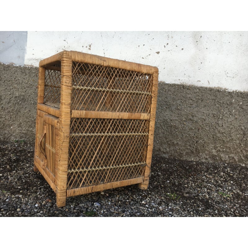 Vintage wicker and bamboo night stand, 1950