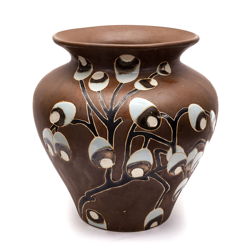 Vaso art déco vintage castanho com desenho floral, 1930