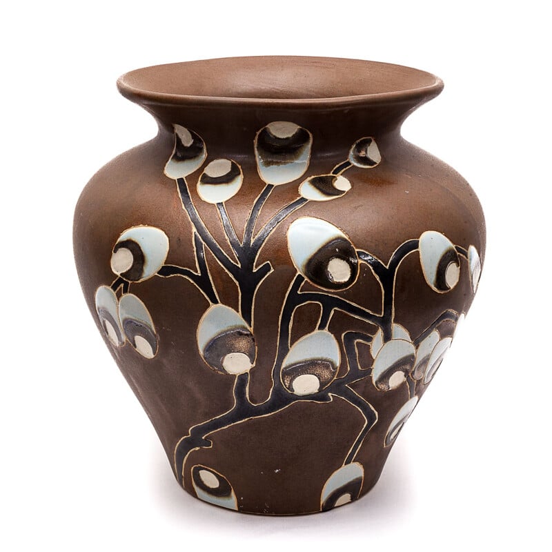 Vaso vintage art déco marrone con disegno floreale, 1930