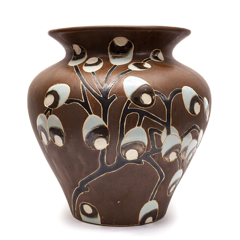 Vase vintage art déco brun à motif floral, 1930