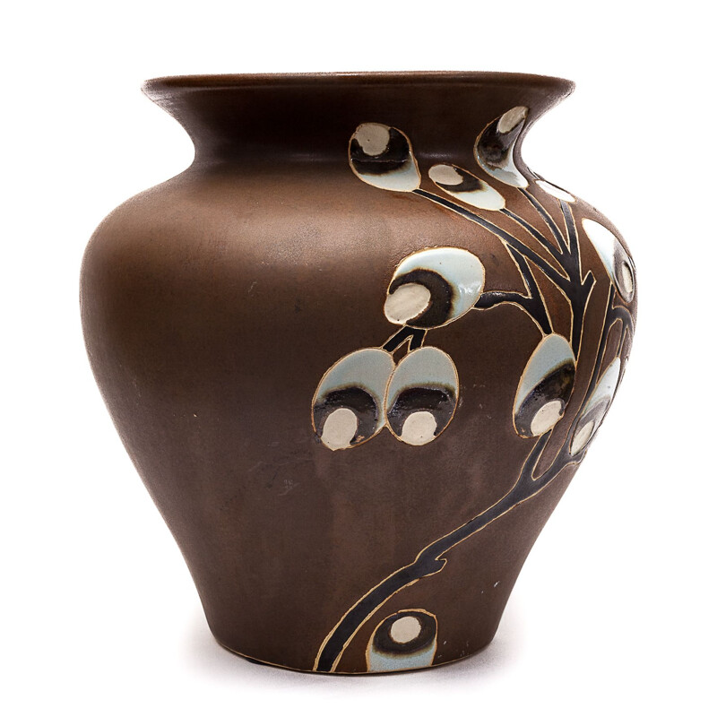 Brown art deco vintage vase with floral design, 1930