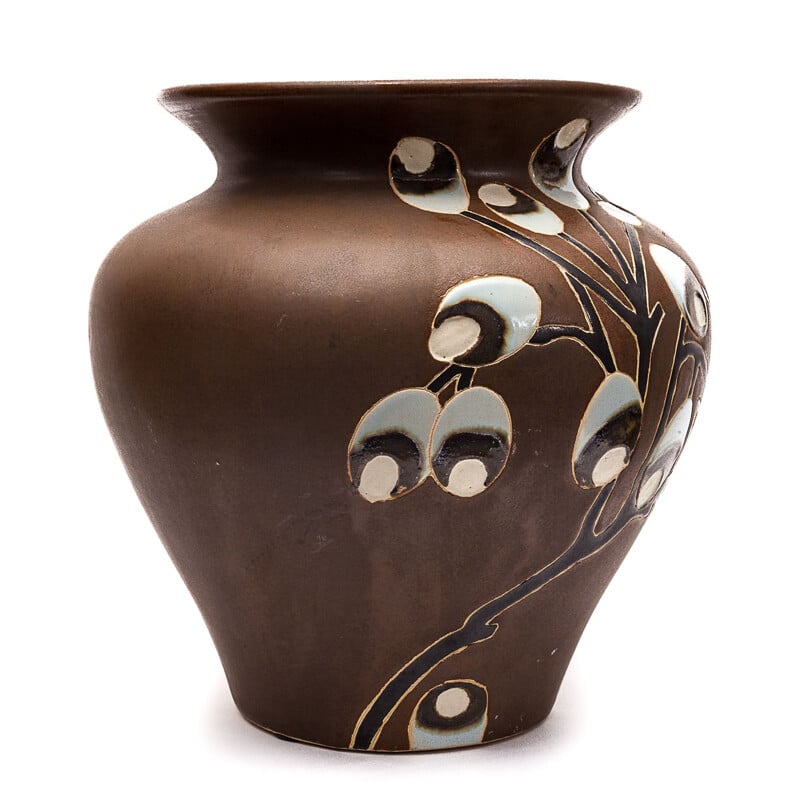 Vase vintage art déco brun à motif floral, 1930