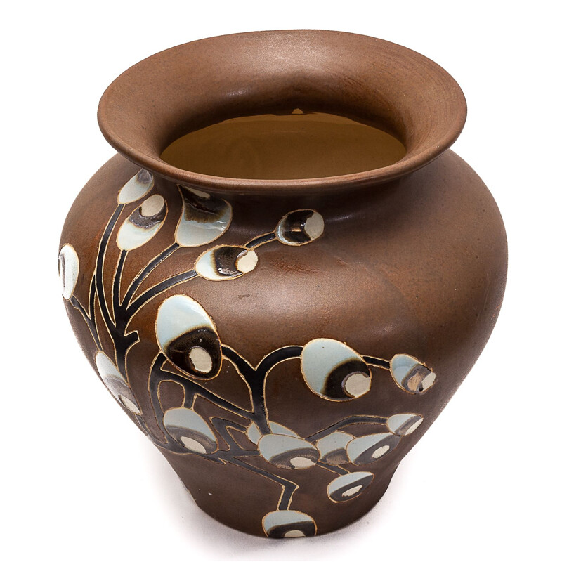 Vaso art déco vintage castanho com desenho floral, 1930