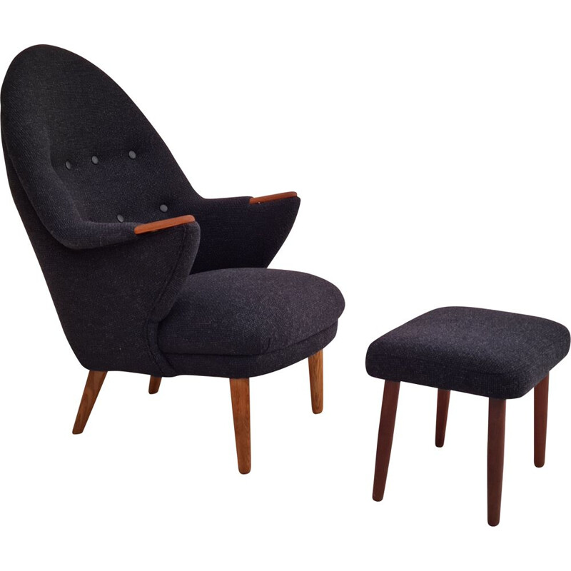 Vintage Danish wool armchair with ottomane, 1960s