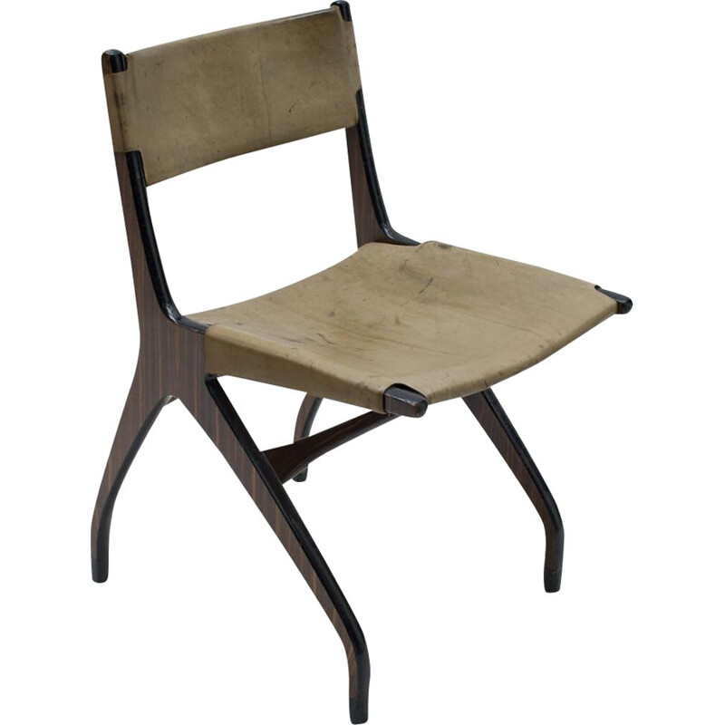 Vintage wooden chair with leather cover, Italy 1960