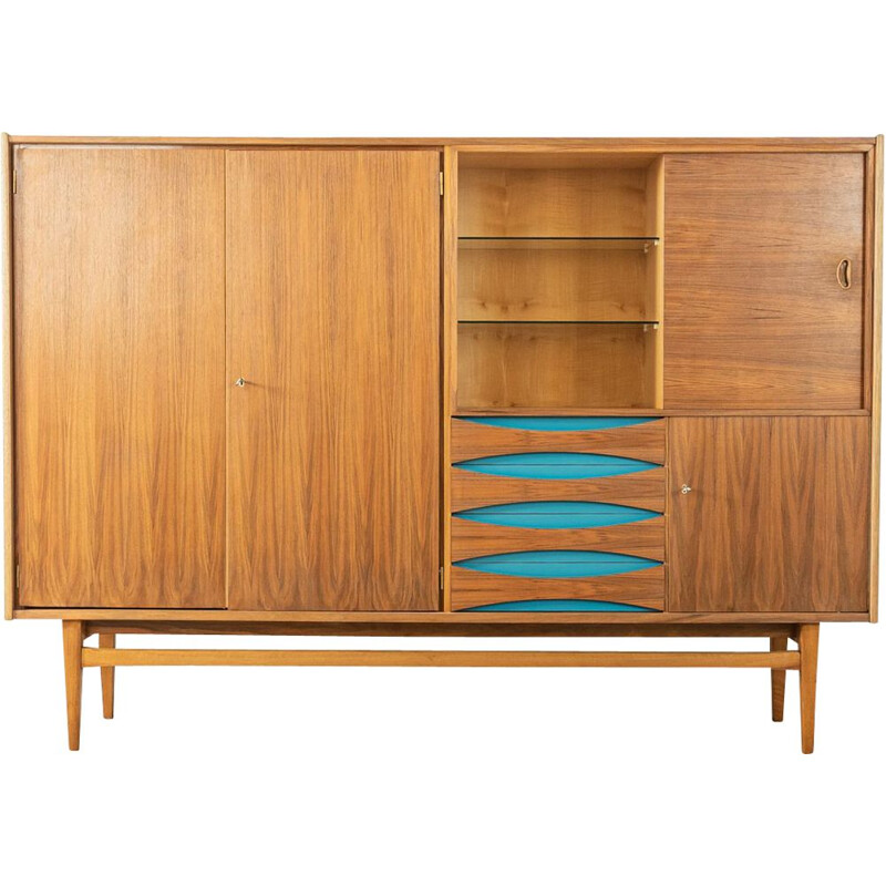 Vintage walnut highboard with a sliding glass door, Germany 1960s