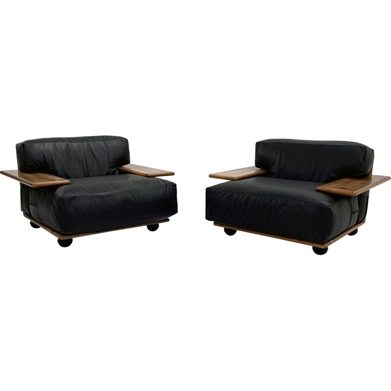Pair of vintage Pianura armchairs in black leather by Mario Bellini for Cassina, 1970s