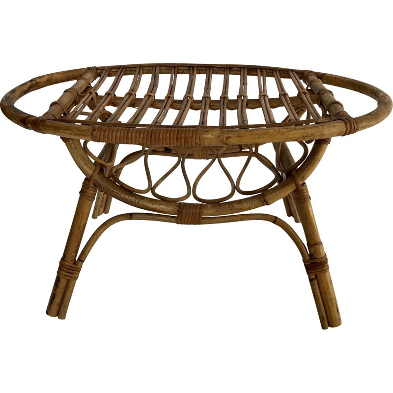 Vintage oval rattan coffee table, Italy 1950