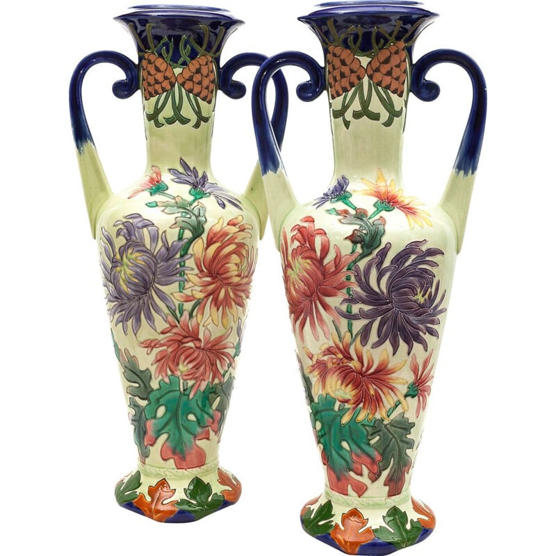 Pair of vintage glazed earthenware amphorae, 1900