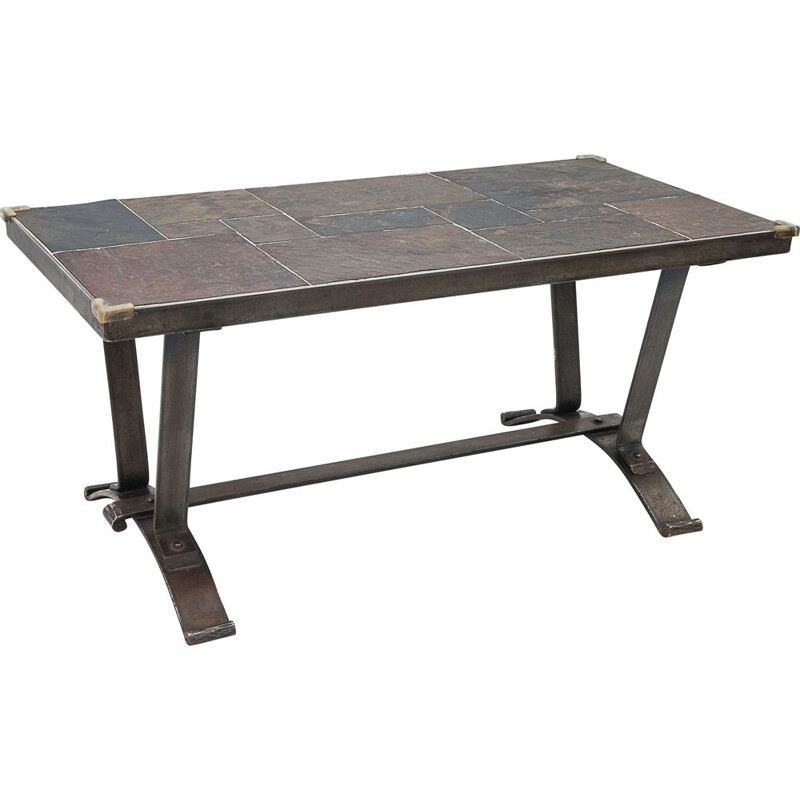 Vintage Brutalist coffee table in wrought iron and slate, 1950