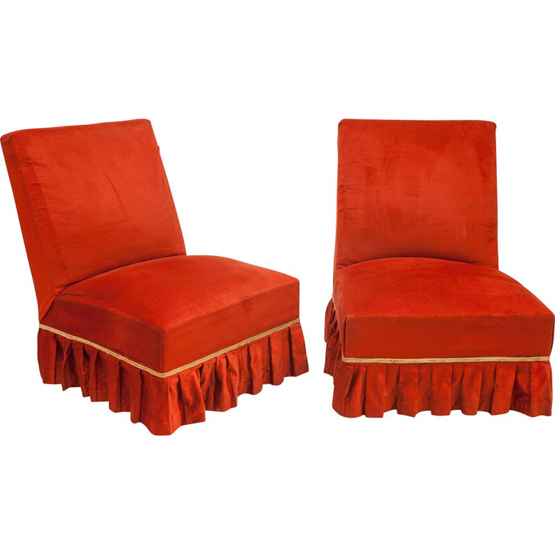 Pair of vintage chilli red velvet armchairs, 1950