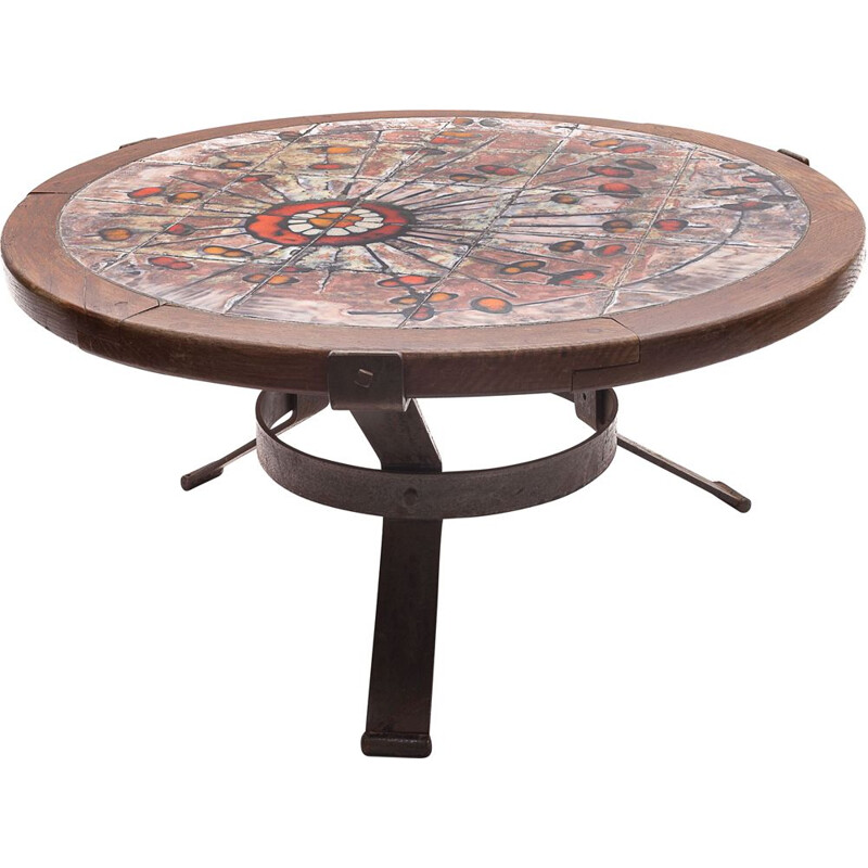 Round vintage Raynaud coffee table in polychrome ceramic and solid wood, 1960